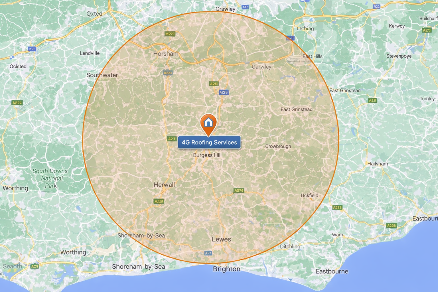 4G Roofing Services coverage map - 20 mile radius